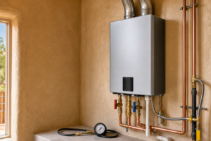 Wall-mounted tankless water heater and installed connections checked for capacity