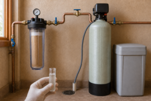 Whole-house sediment filter and water softener installed side by side for a water test