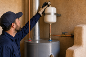 Plumber checking pressure beside a conventional water heater and thermal expansion tank