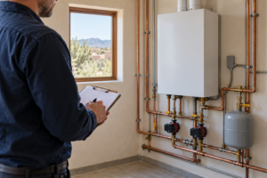 Illustrative technician reviewing a clipboard beside a closed residential hydronic boiler